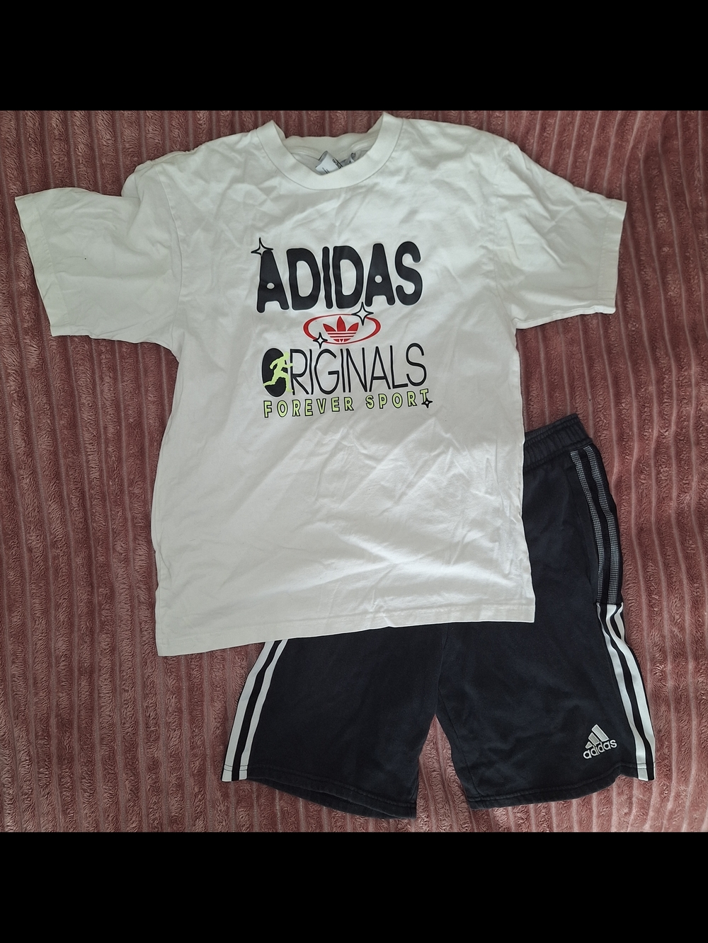 Adidas Originals White Graphic Tee with Black Athletic Shorts